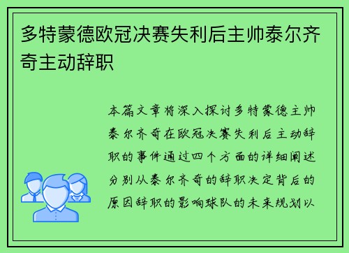 多特蒙德欧冠决赛失利后主帅泰尔齐奇主动辞职